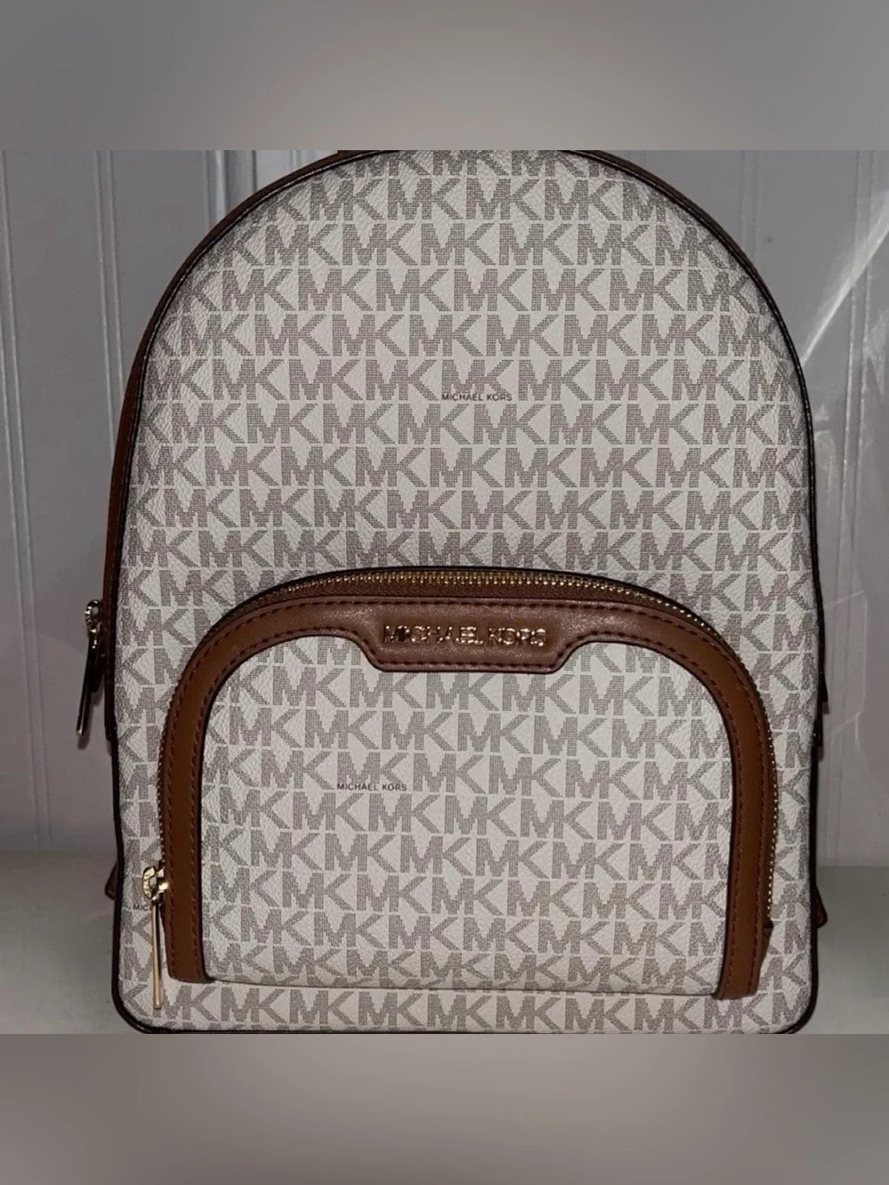 Michael Kors Ivory Monogram Backpack with Brown Trim